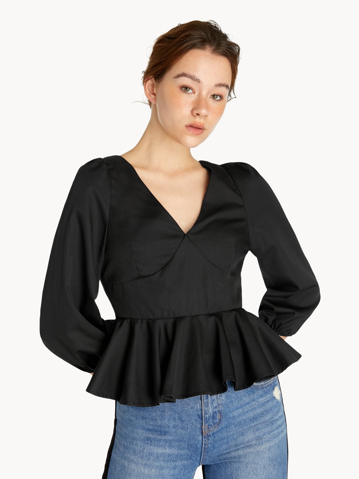 V neck peplum blouse black pomelo fashion