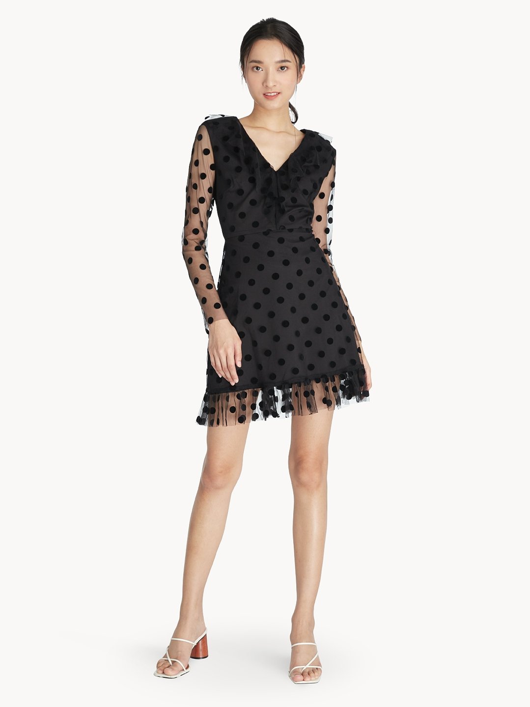 Polka Dot Ruffled Semi Sheer Dress - Black - Pomelo Fashion