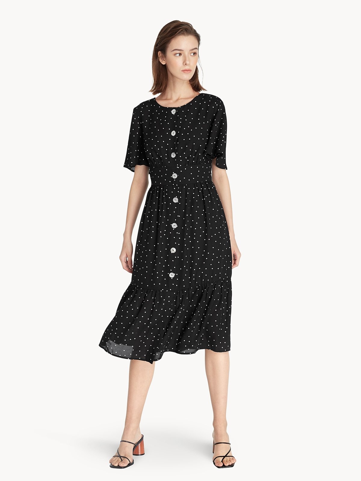 Black Smock Bodice Midi Dress with Crochet Trim