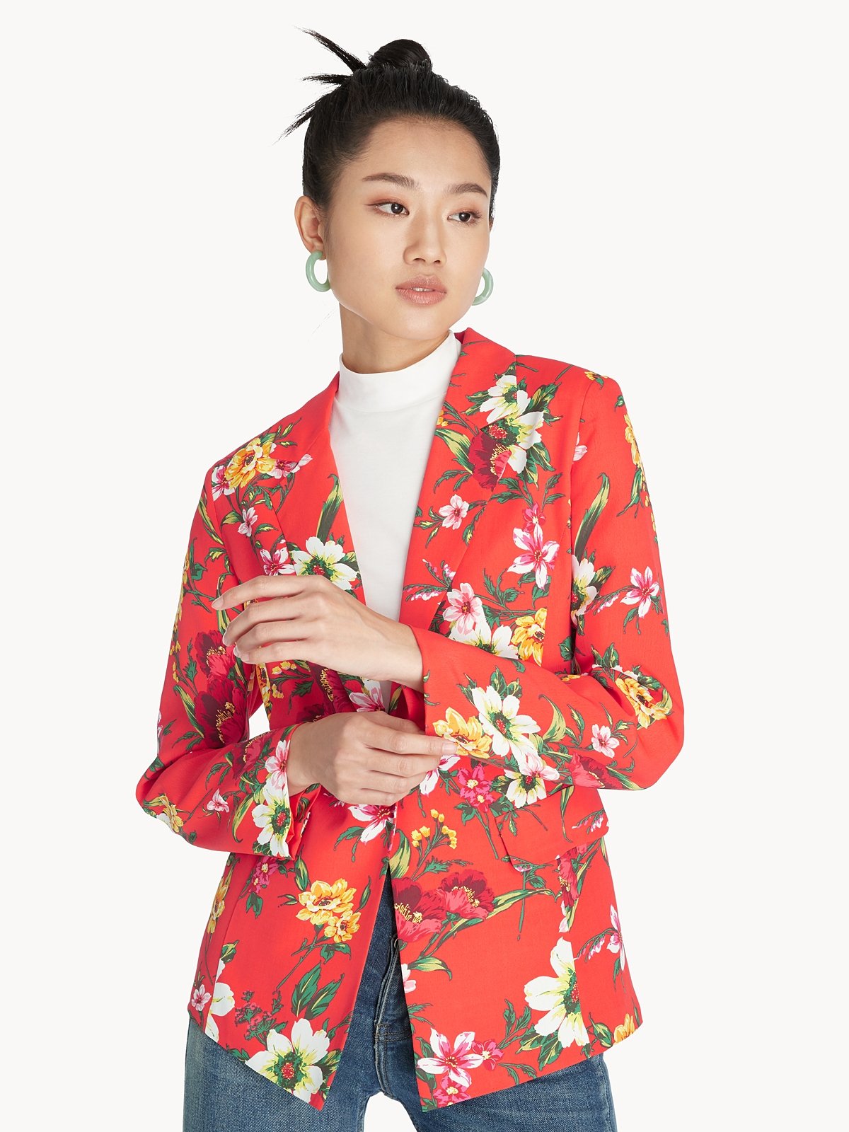 Single Button Floral Blazer Red