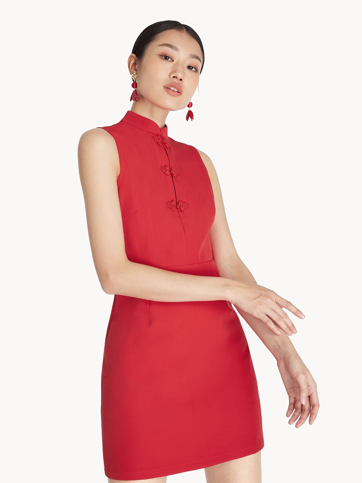 Mini Mandarin Collar Sleeveless Dress - Red - Pomelo Fashion