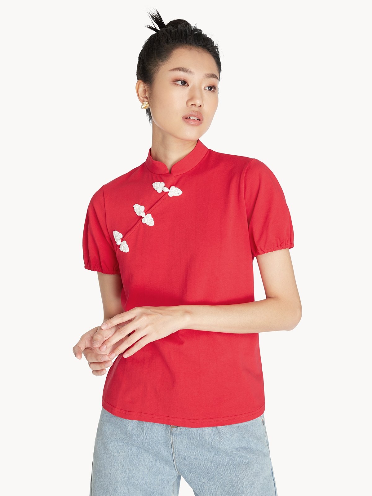 Mandarin Collar Cut Out Top - Red - Pomelo Fashion