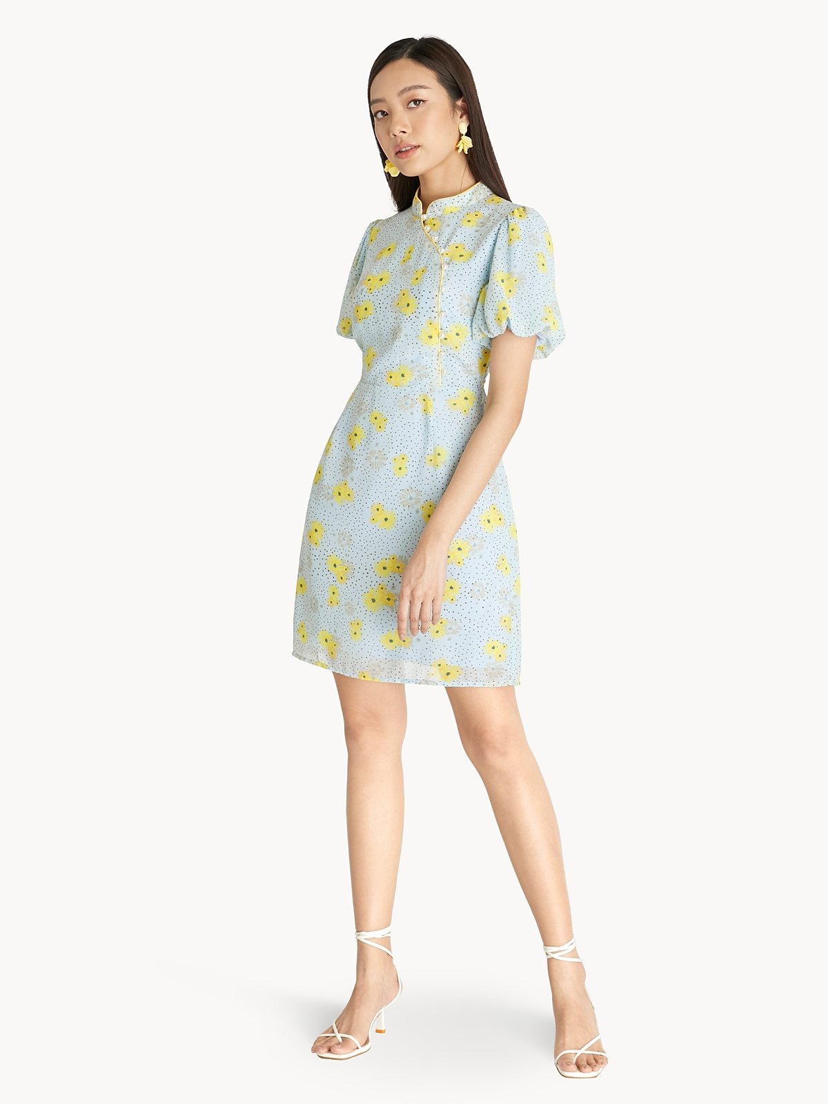 Mini Floral Puffed Sleeve Dress Blue Pomelo Fashion