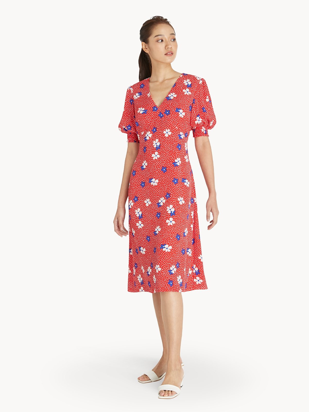 Floral Puffed Sleeve Dress Red Pomelo Fashion