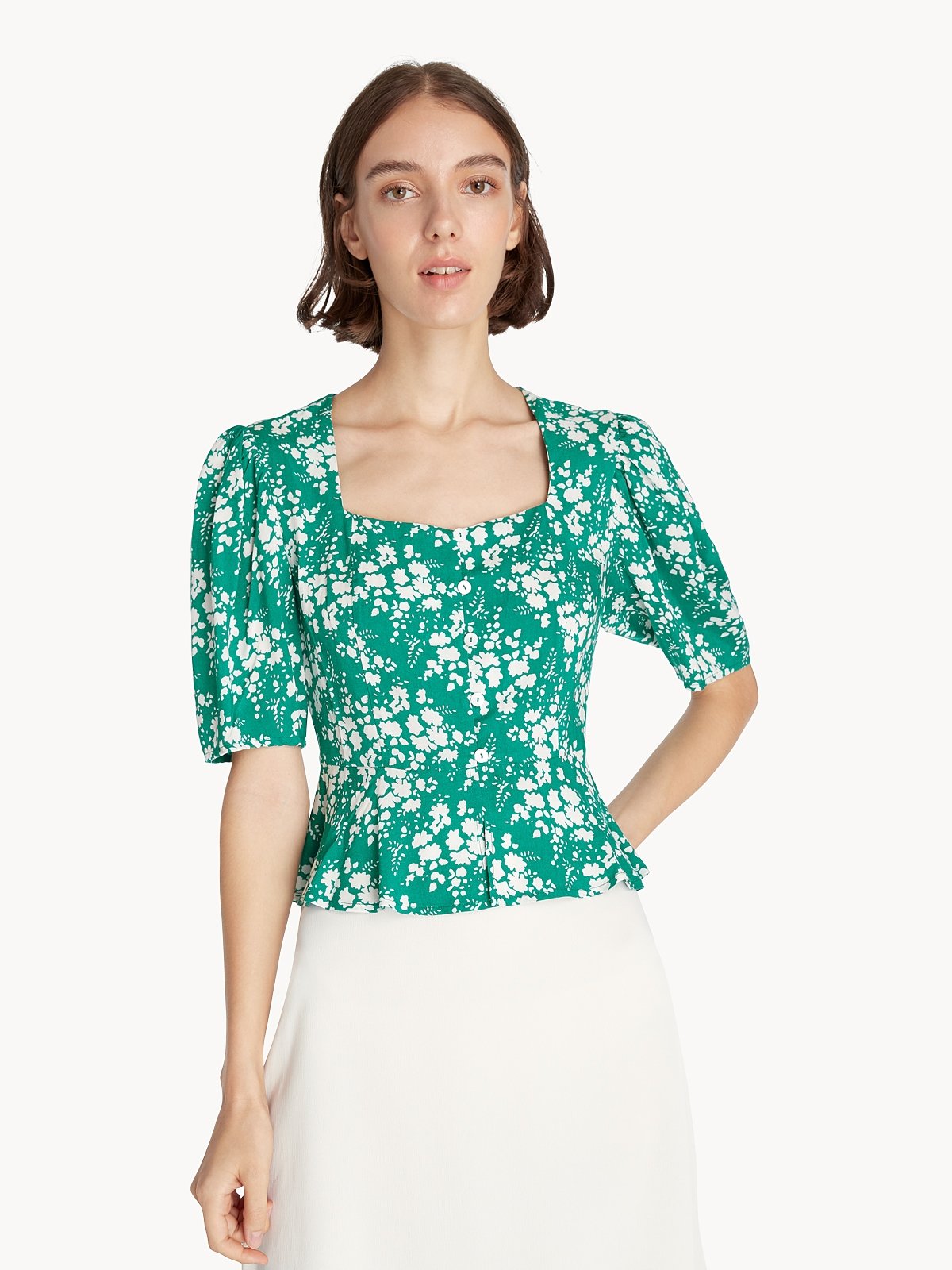 Pink Floral Textured Puff Sleeve Smocked Waist Peplum Top