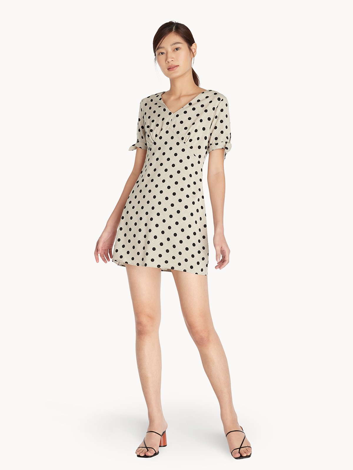 Polka Dot Tie Sleeves Dress Mid Grey Pomelo Fashion