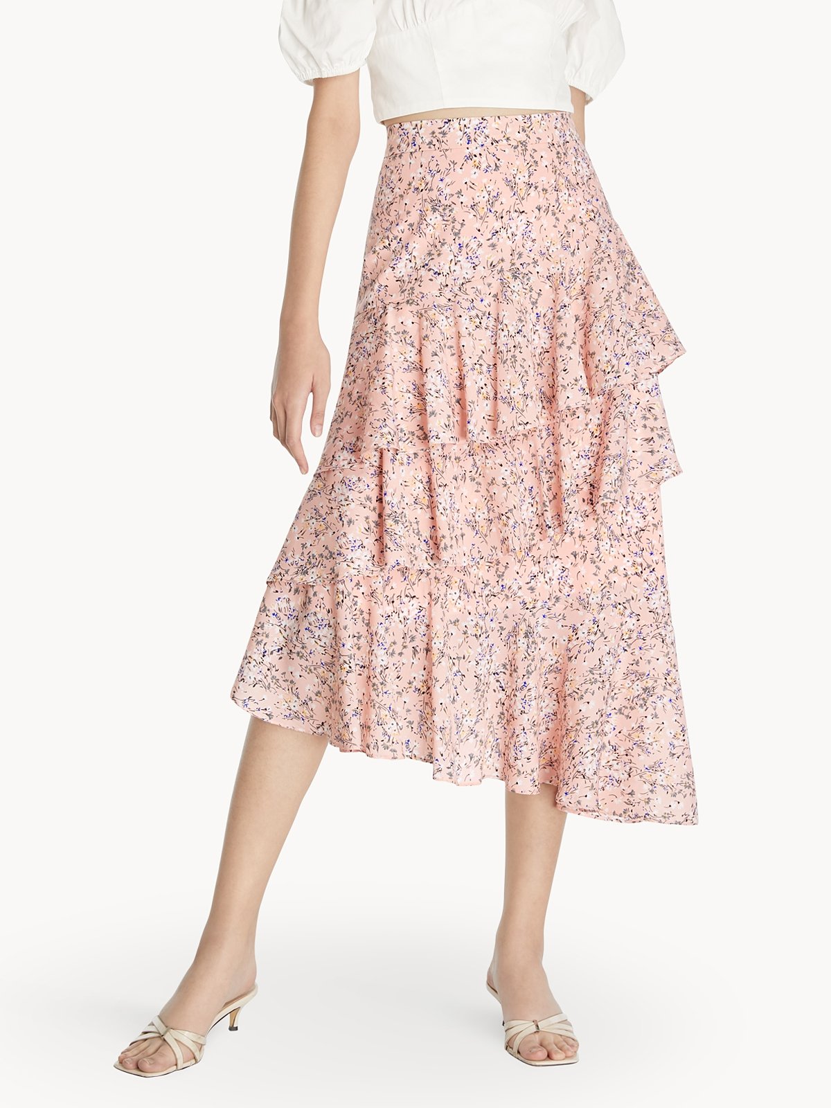 Floral Asymmetrical Tiered Skirt Pink Pomelo Fashion