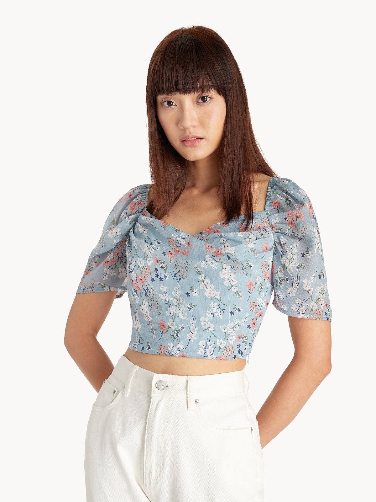 blue crop top with puff sleeves