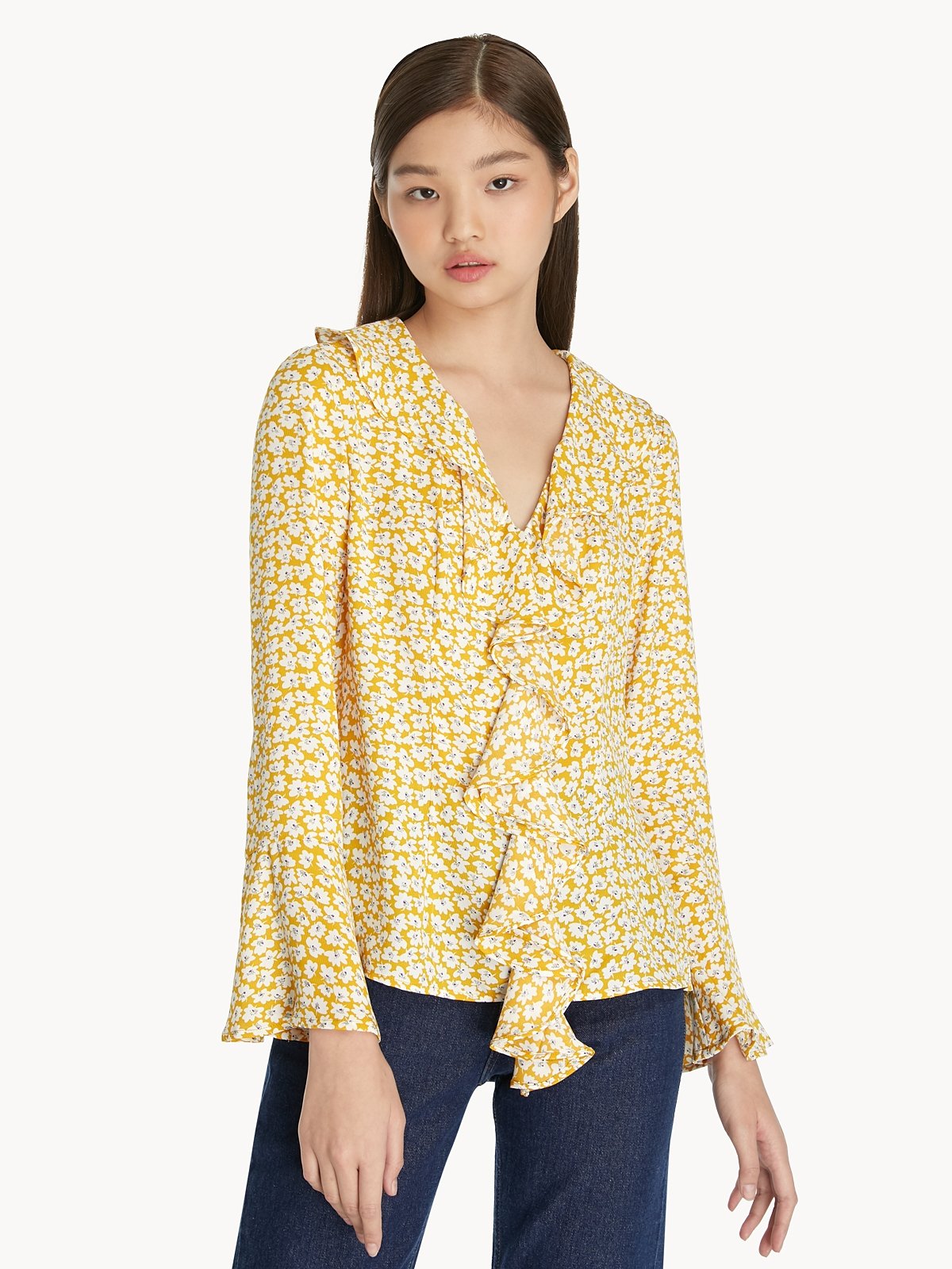 Floral Ruffled Bell Sleeve Blouse Yellow Pomelo Fashion