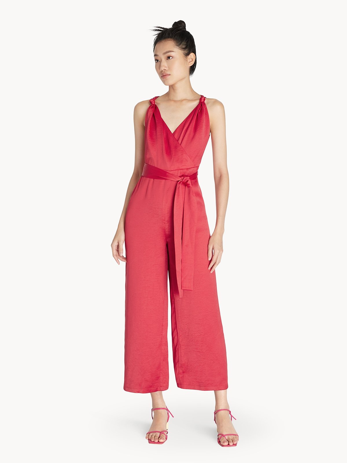 Knotted Shoulder Tie Waist Jumpsuit Red Pomelo Fashion