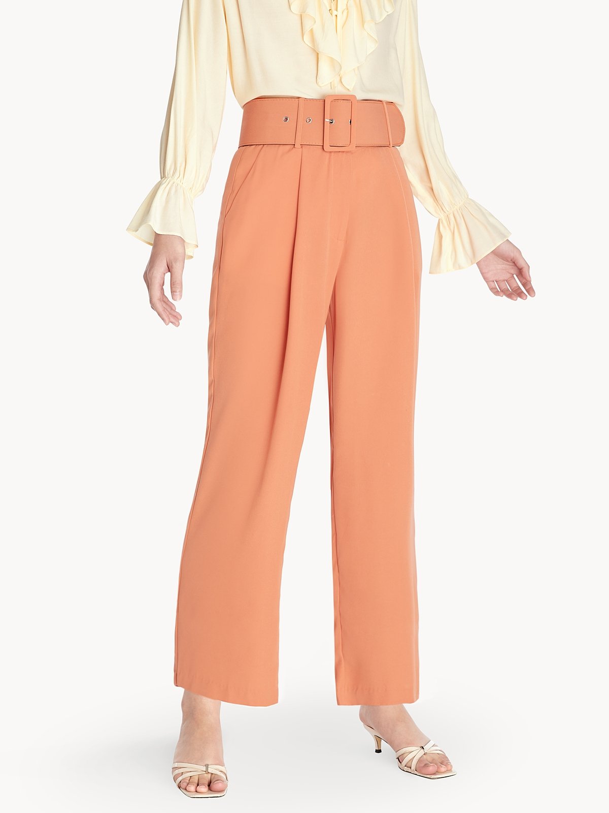 Belted High Waist Pants - Orange - Pomelo Fashion