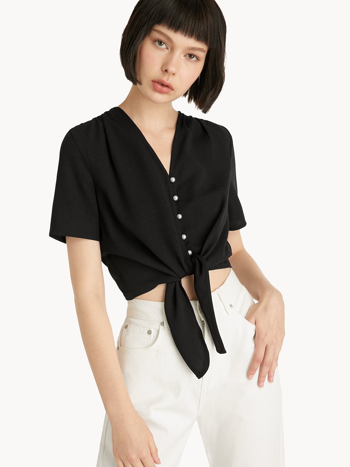 Pearl Button Up Tie Front Top Black