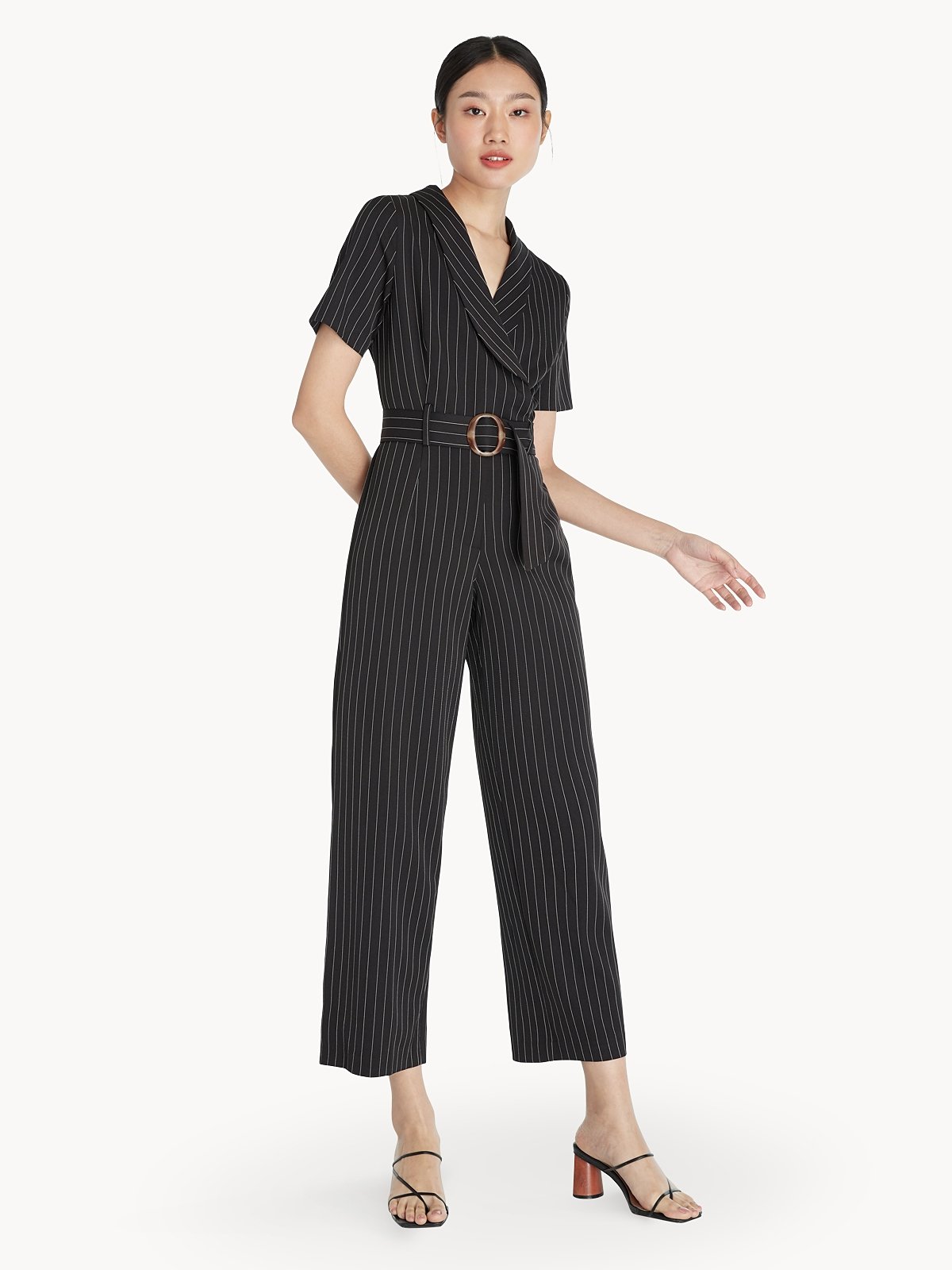 Pinstripes Oval Buckle Jumpsuit Black Pomelo Fashion