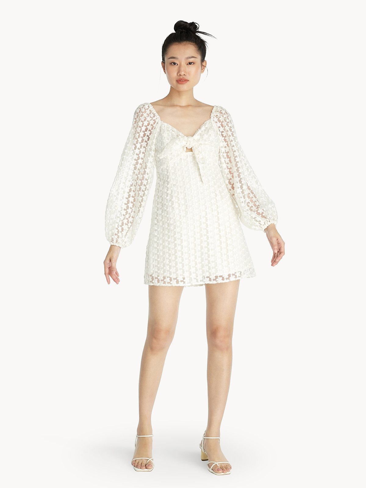 Floral Embroidered Puff Sleeve Dress White Pomelo Fashion