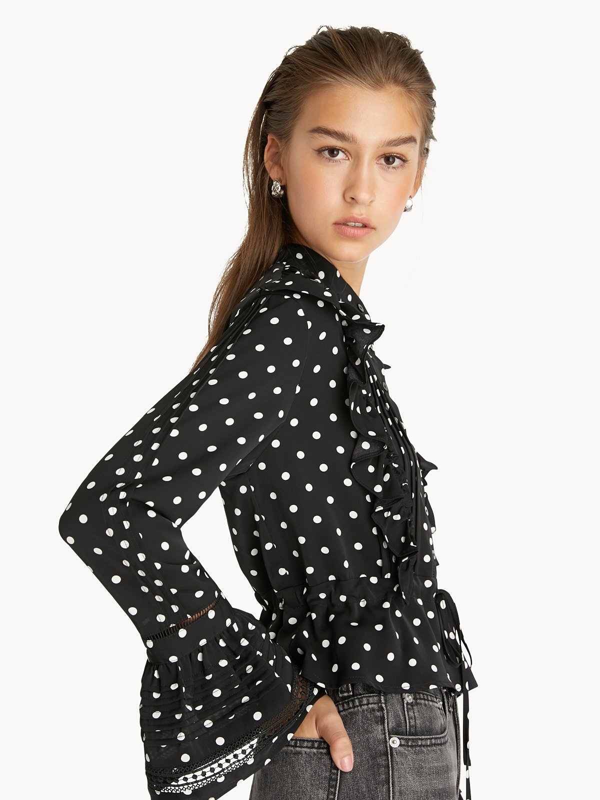 Grey and white cheap polka dot blouse