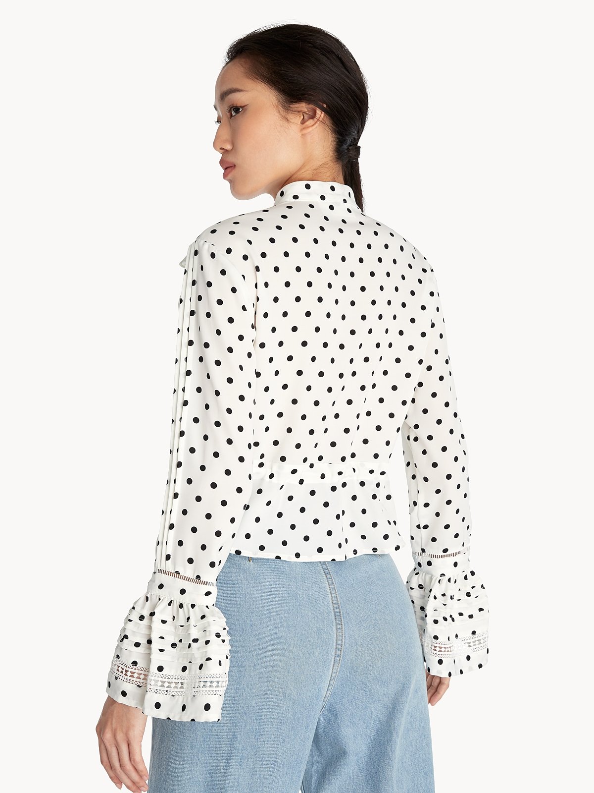 Grey blouse with 2025 white polka dots