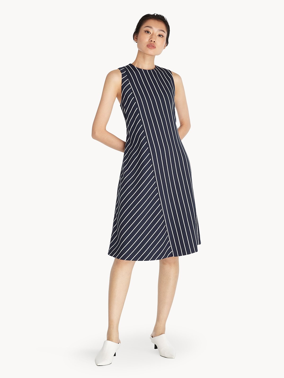 Navy blue striped asymmetric dress best sale