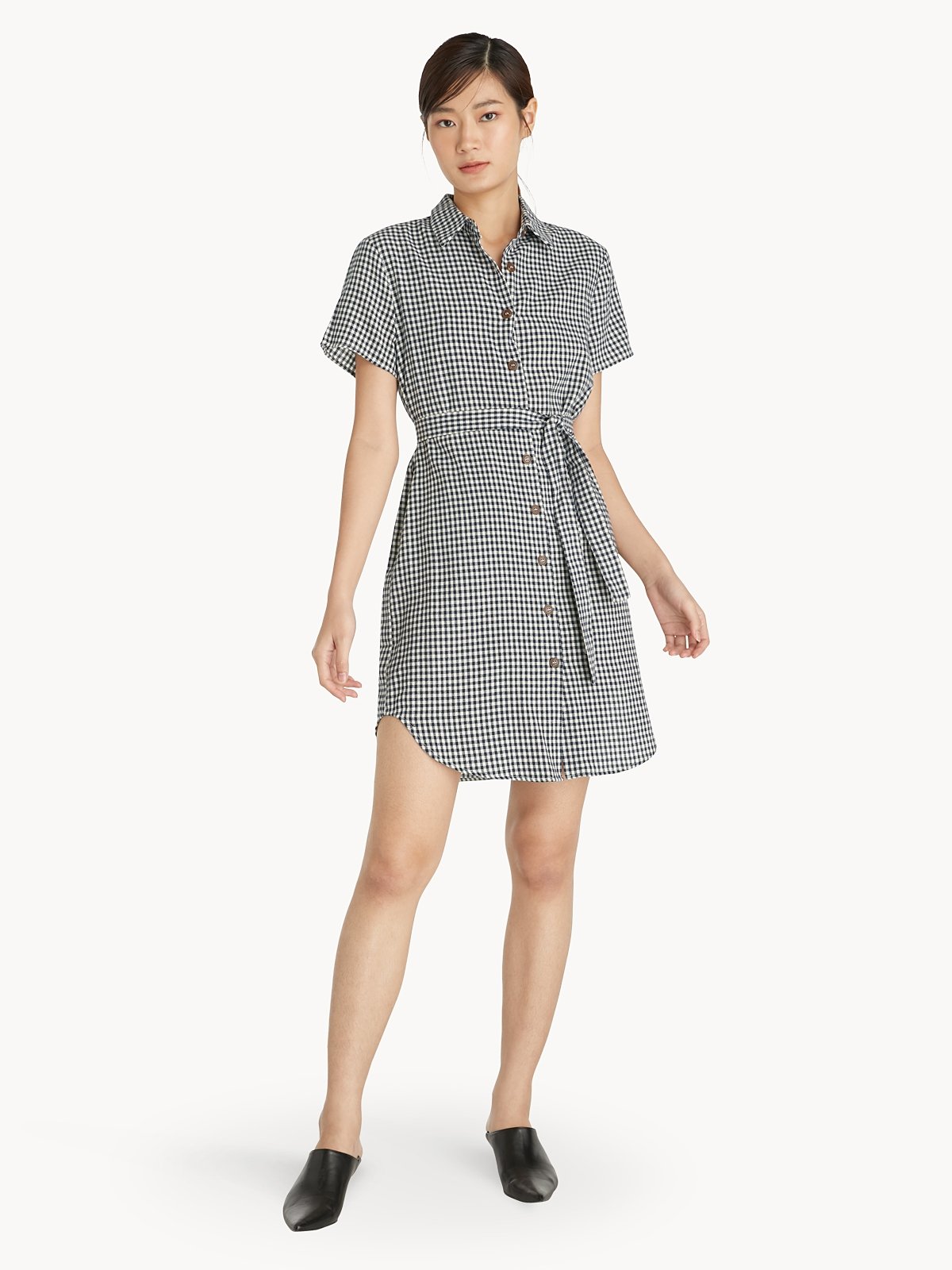 Gingham Shirt Dress - Navy - Pomelo Fashion Gingham Shirt Dress - Navy - Pomelo Fashion
