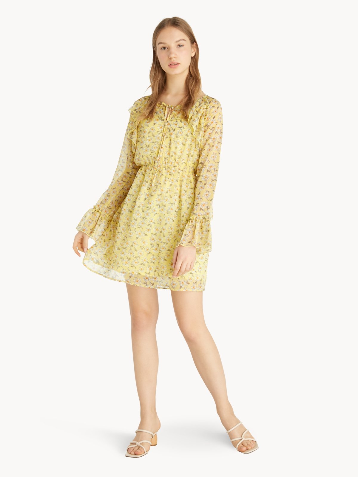 Mini Sheer Floral Ruffled Dress Yellow Pomelo Fashion