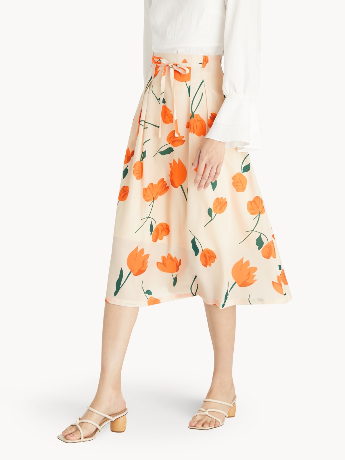 Midi Floral Tie Waist Skirt Orange Pomelo Fashion