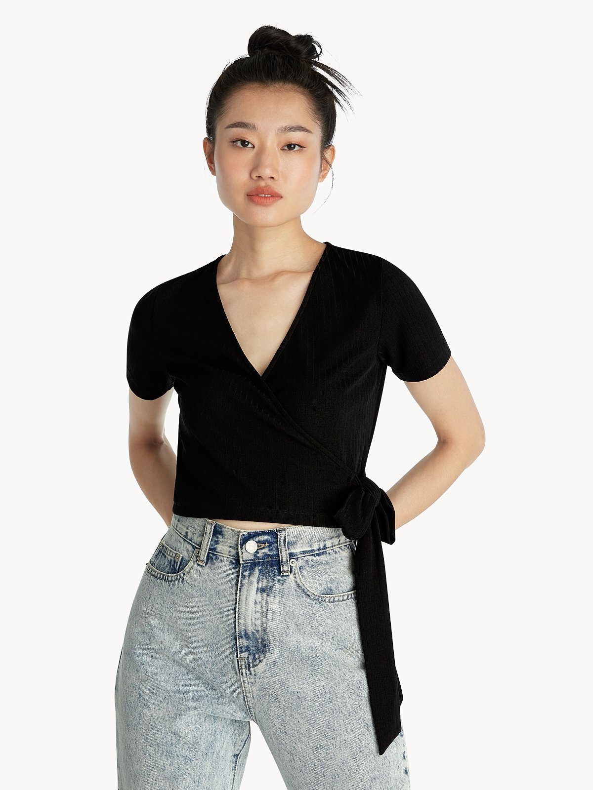 Black wrap top outfit shop
