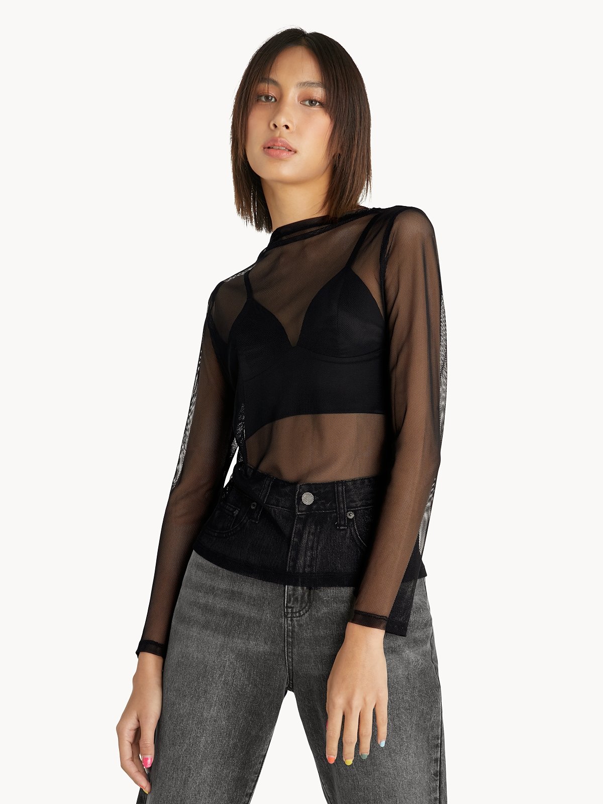 Sheer Long Sleeves Top Black Pomelo Fashion