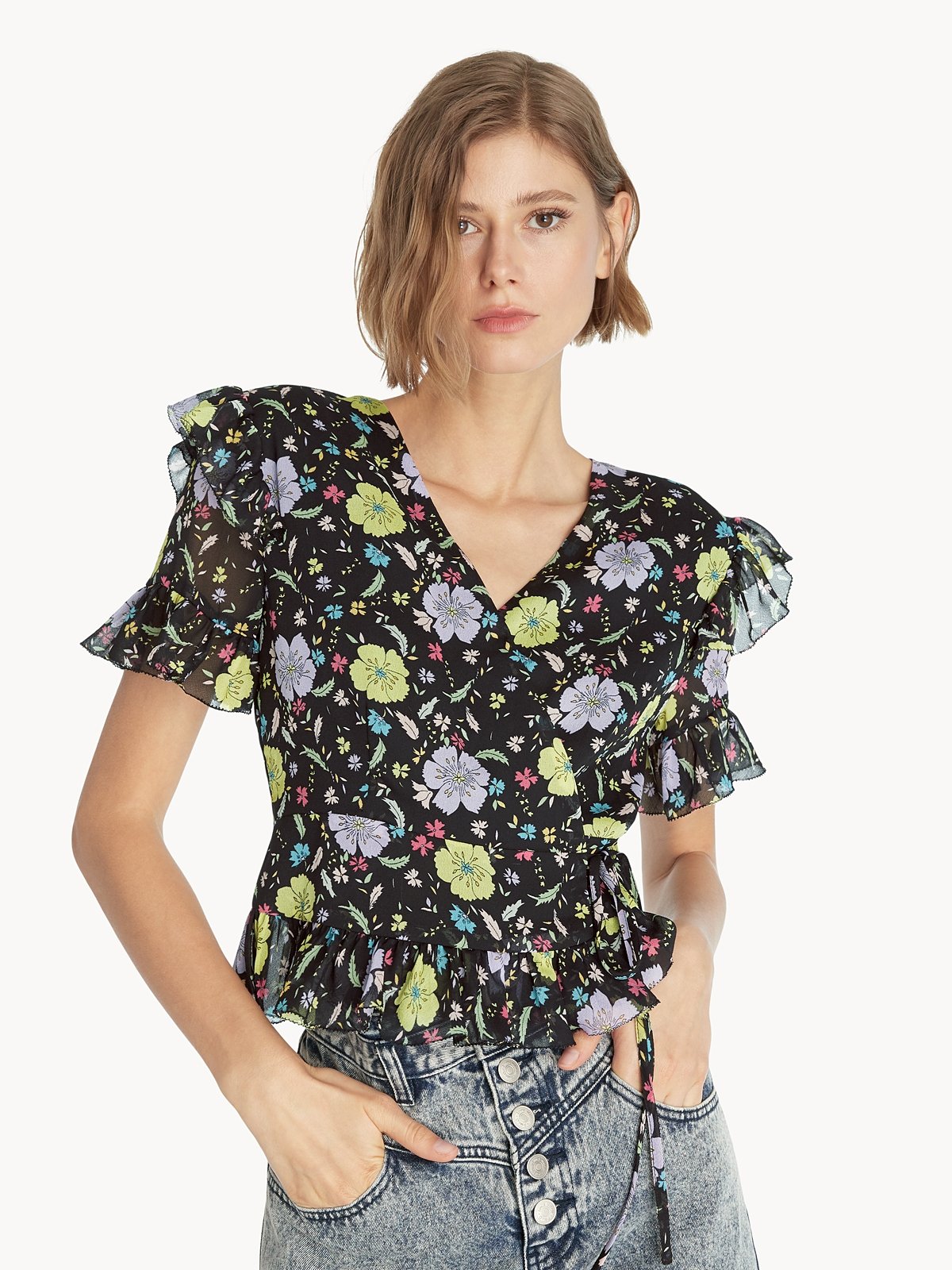 Sheer Floral Ruffle Blouse - Black