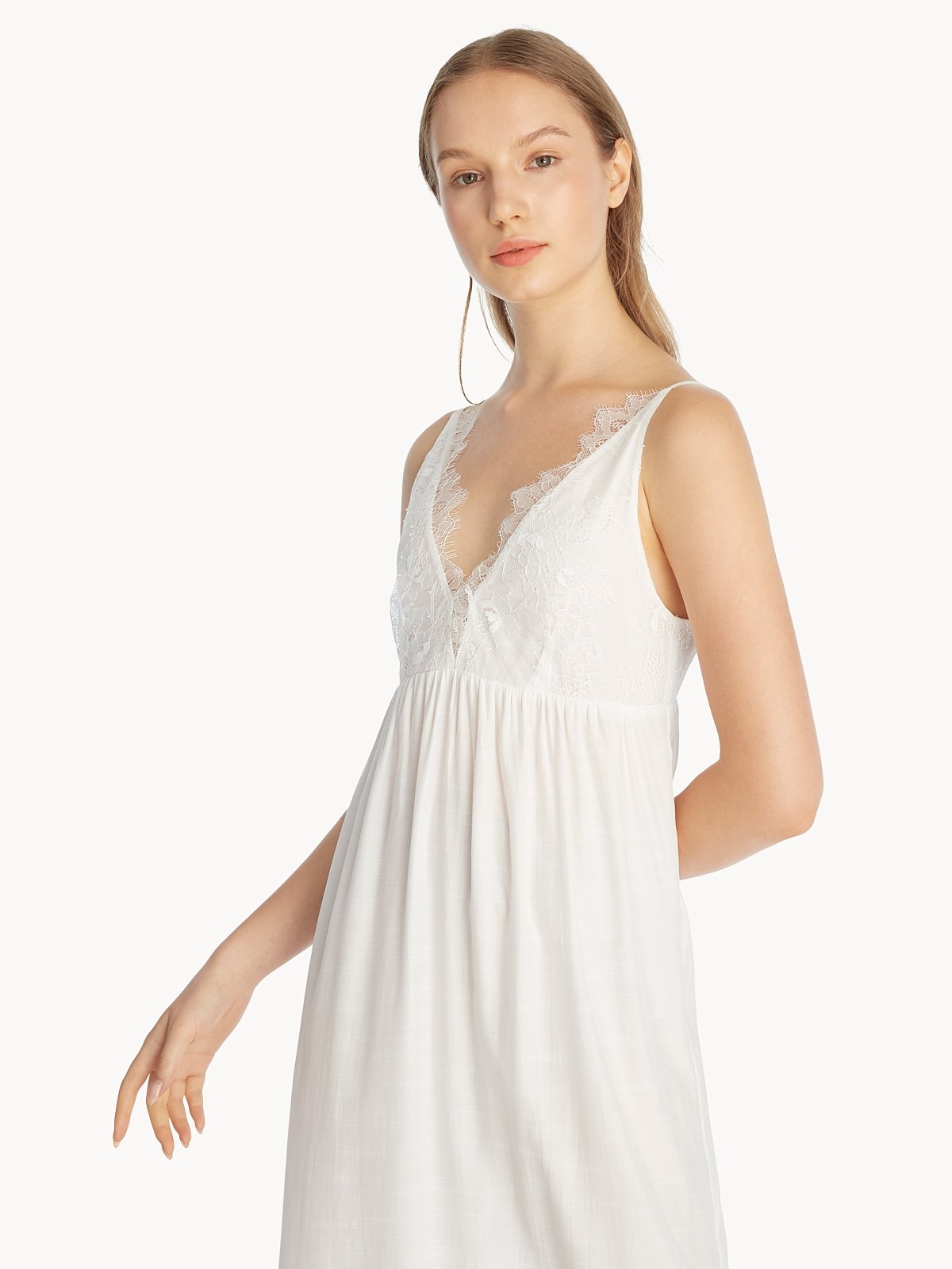 Lace Accent V Neck Slip Dress White Pomelo Fashion