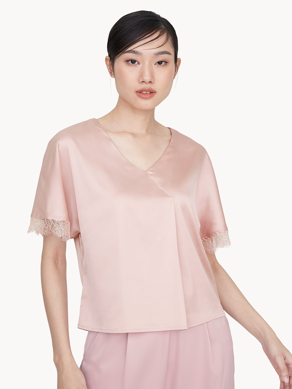 Lace Trim Short Sleeve Top - Pink - Pomelo Fashion