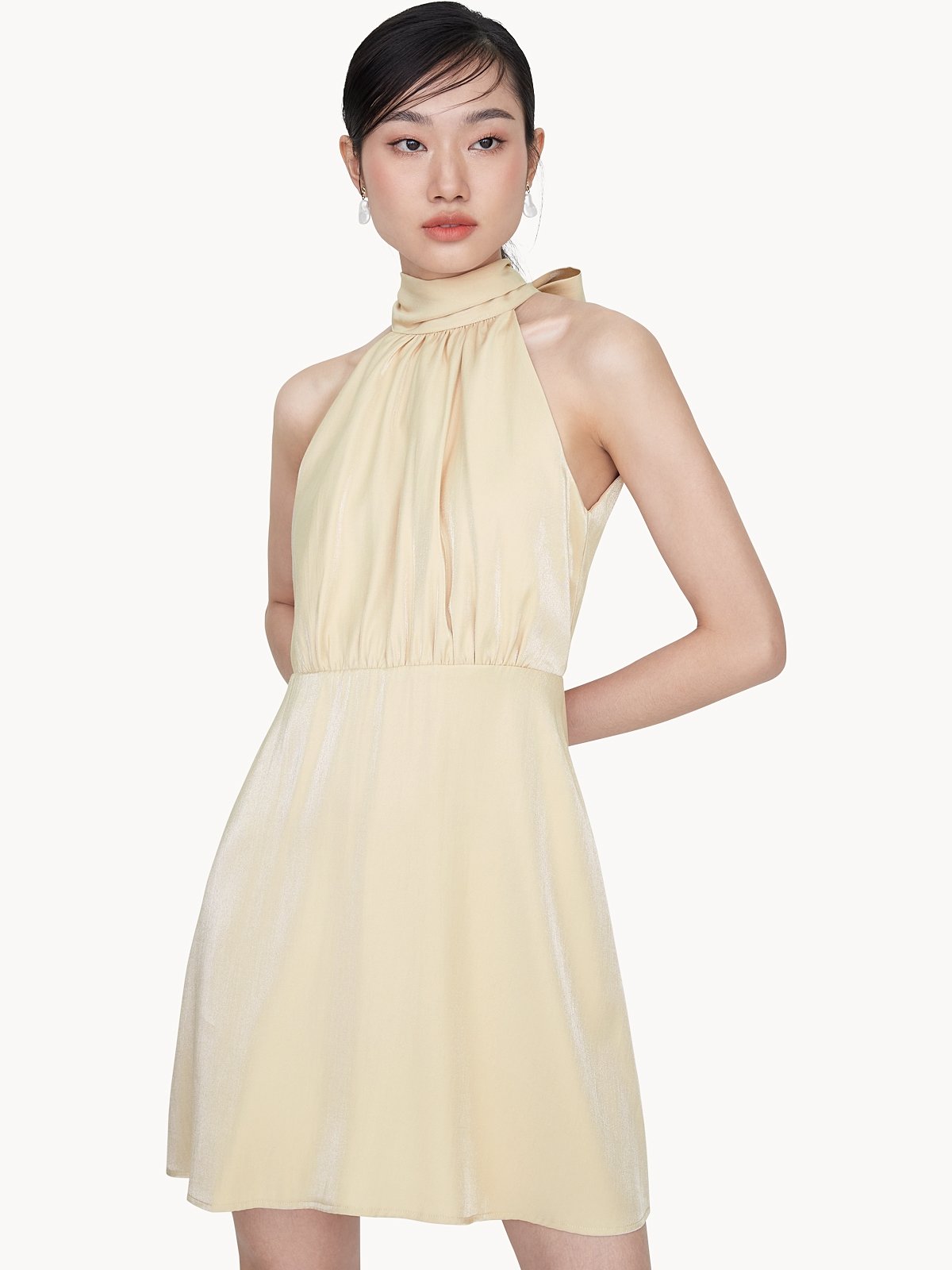 Oversized Bow Halter Neck Dress - Gold 
