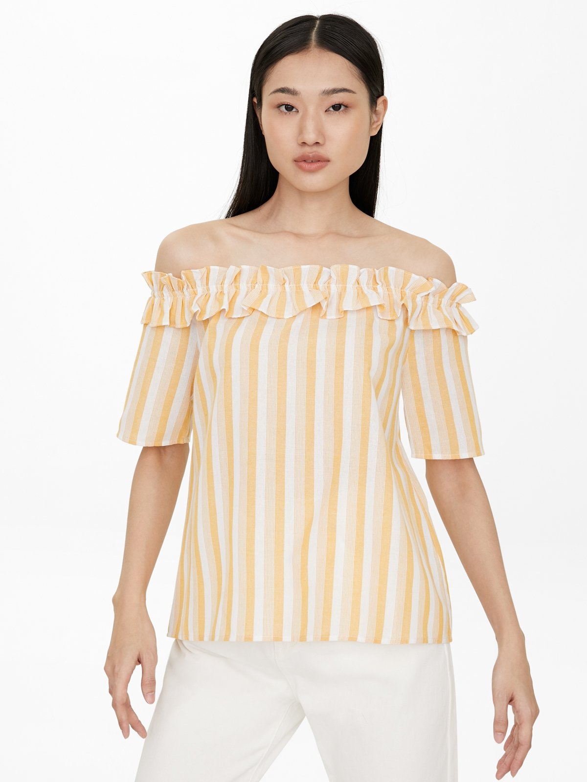 Yellow ruffle off the shoulder top sales
