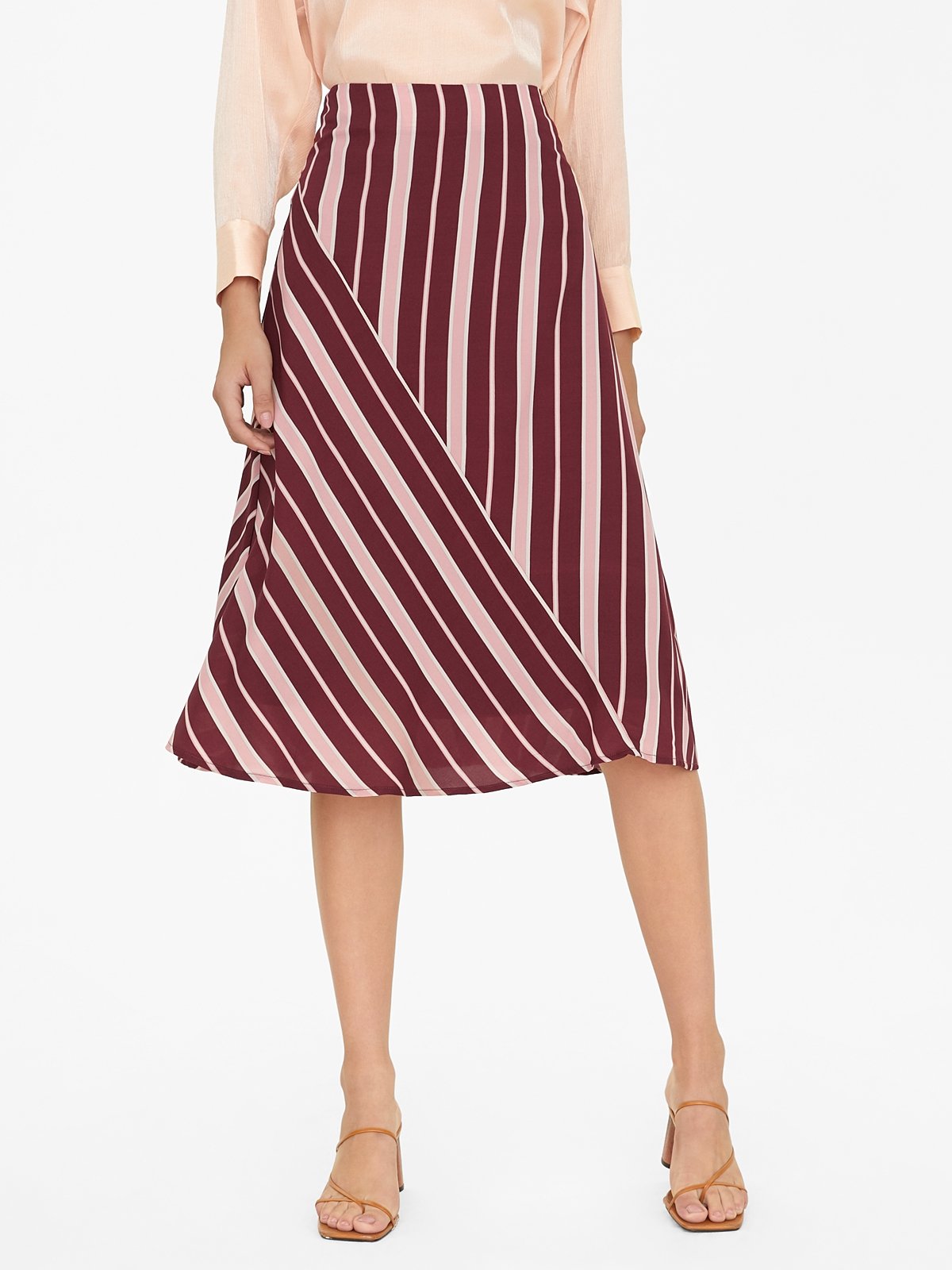 Striped Fit And Flare Skirt - Red - Pomelo Fashion