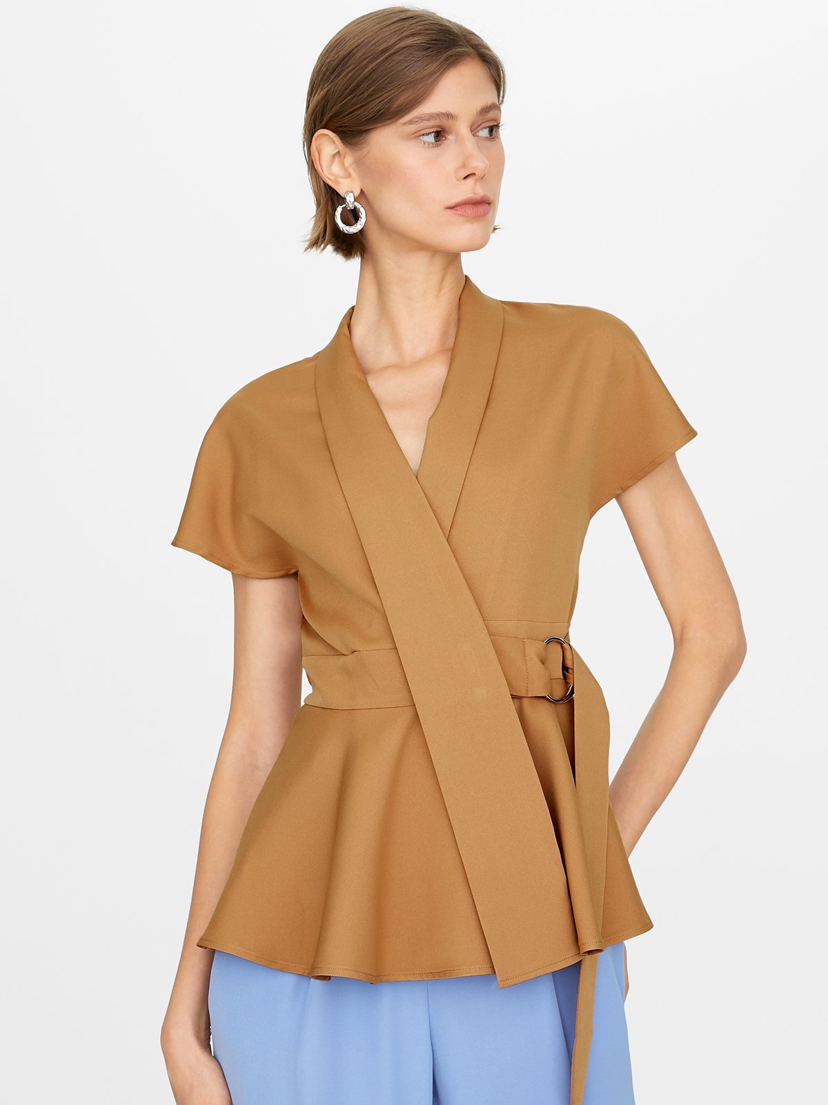 V Neck Belted Blouse Brown Pomelo Fashion