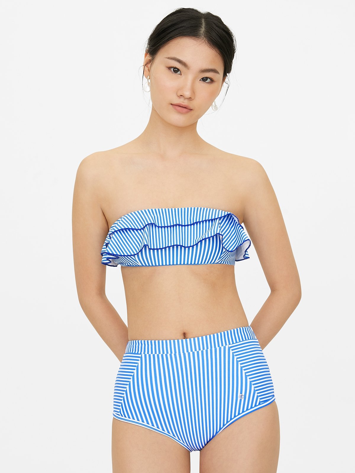 Gevoelig voor selecteer geeuwen Ruffle Stripe Strapless Bikini Top - Blue - Pomelo Fashion