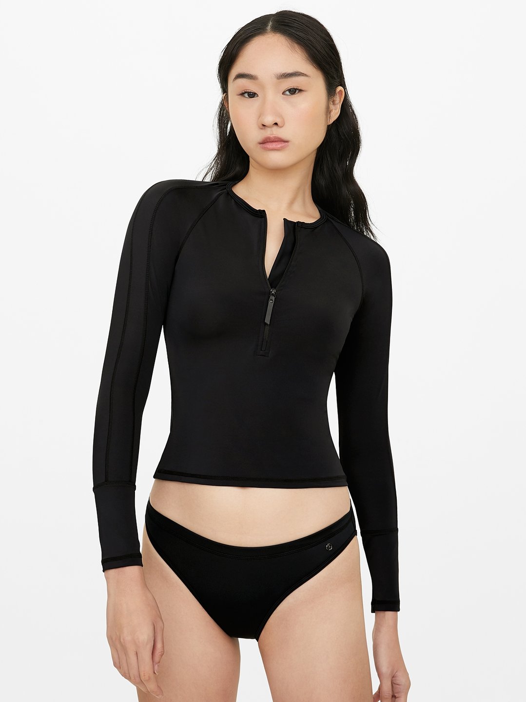 Zip Up Crew Neck Swim Top - Black - Pomelo Fashion