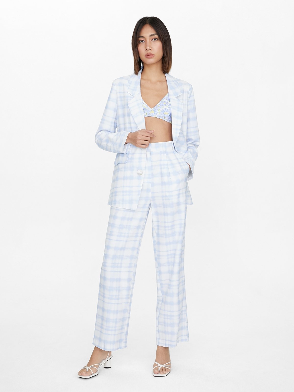 Washed Out Plaid Pants Blue Pomelo Fashion