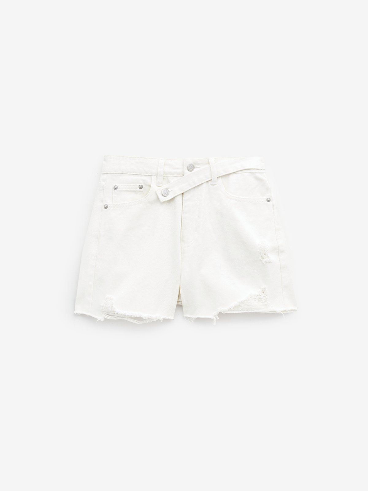 Side Button High Waist Frayed Denim Shorts Off White Pomelo