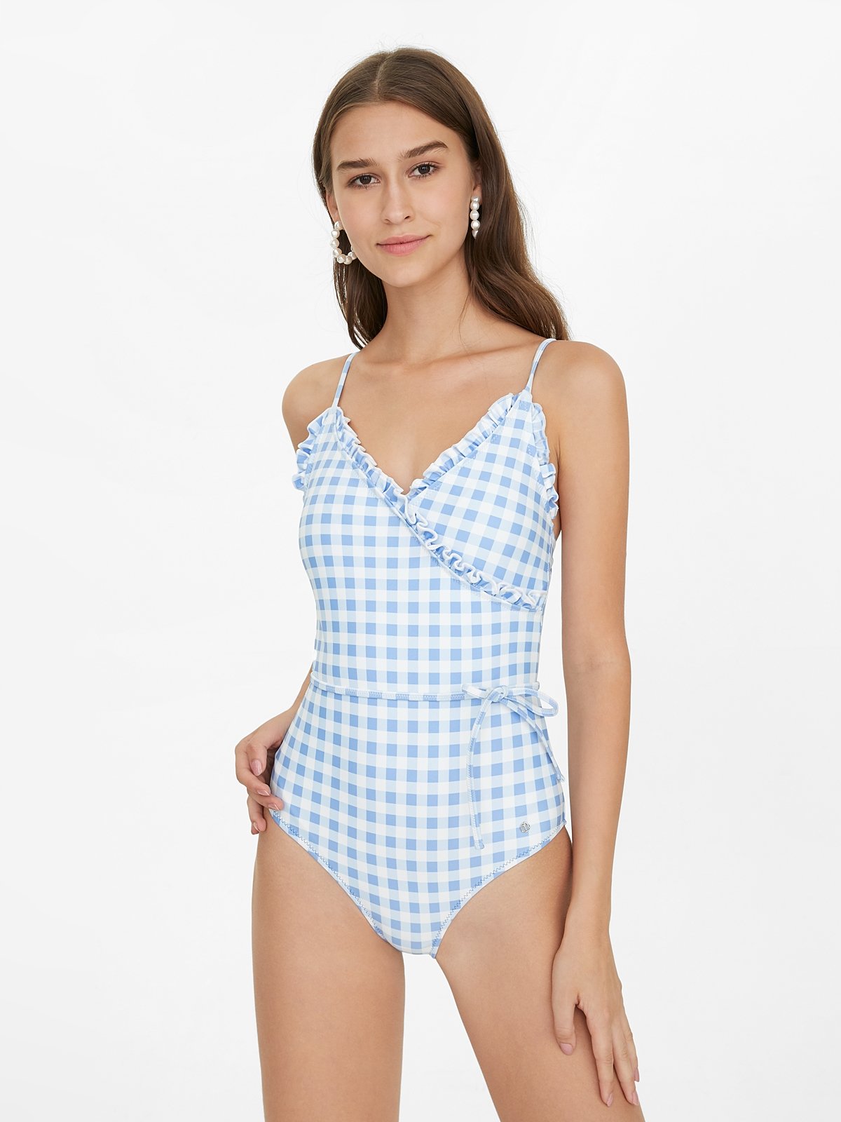 Gingham Surplice Swimsuit Blue Pomelo Fashion