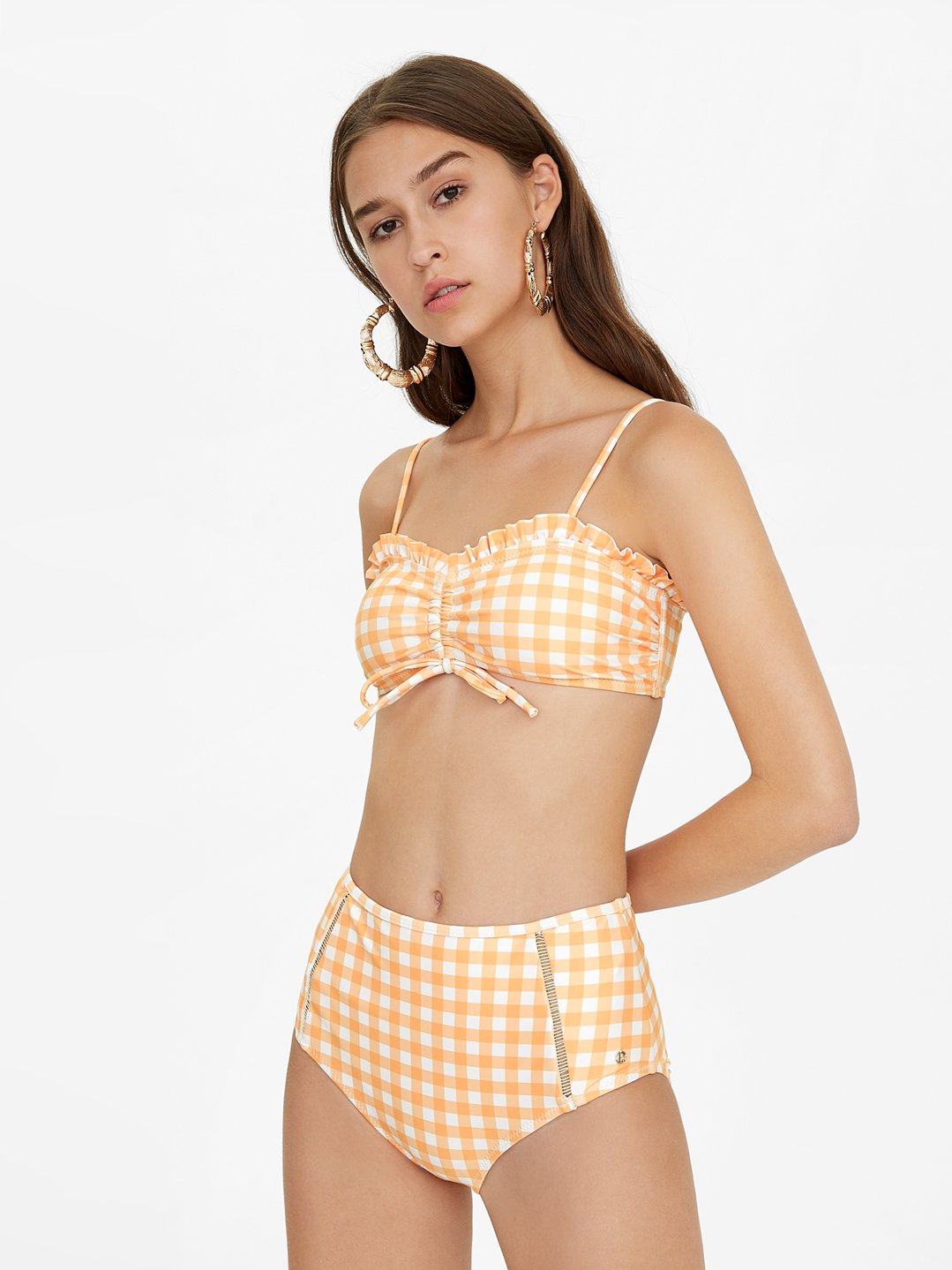 Gingham High Waist Bikini Bottom - Orange - Pomelo Fashion