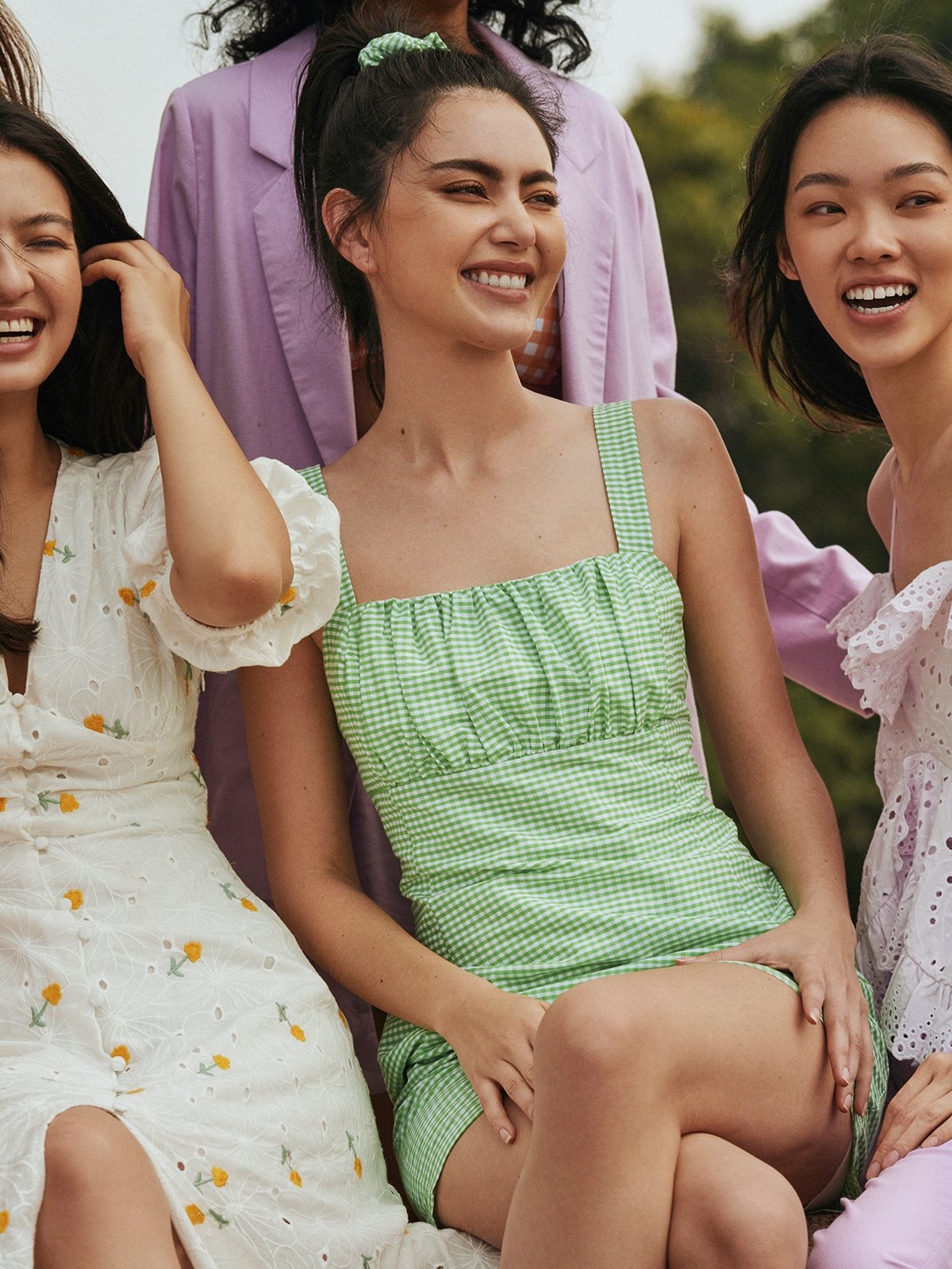 Gingham Square Neck Fitted Dress Green