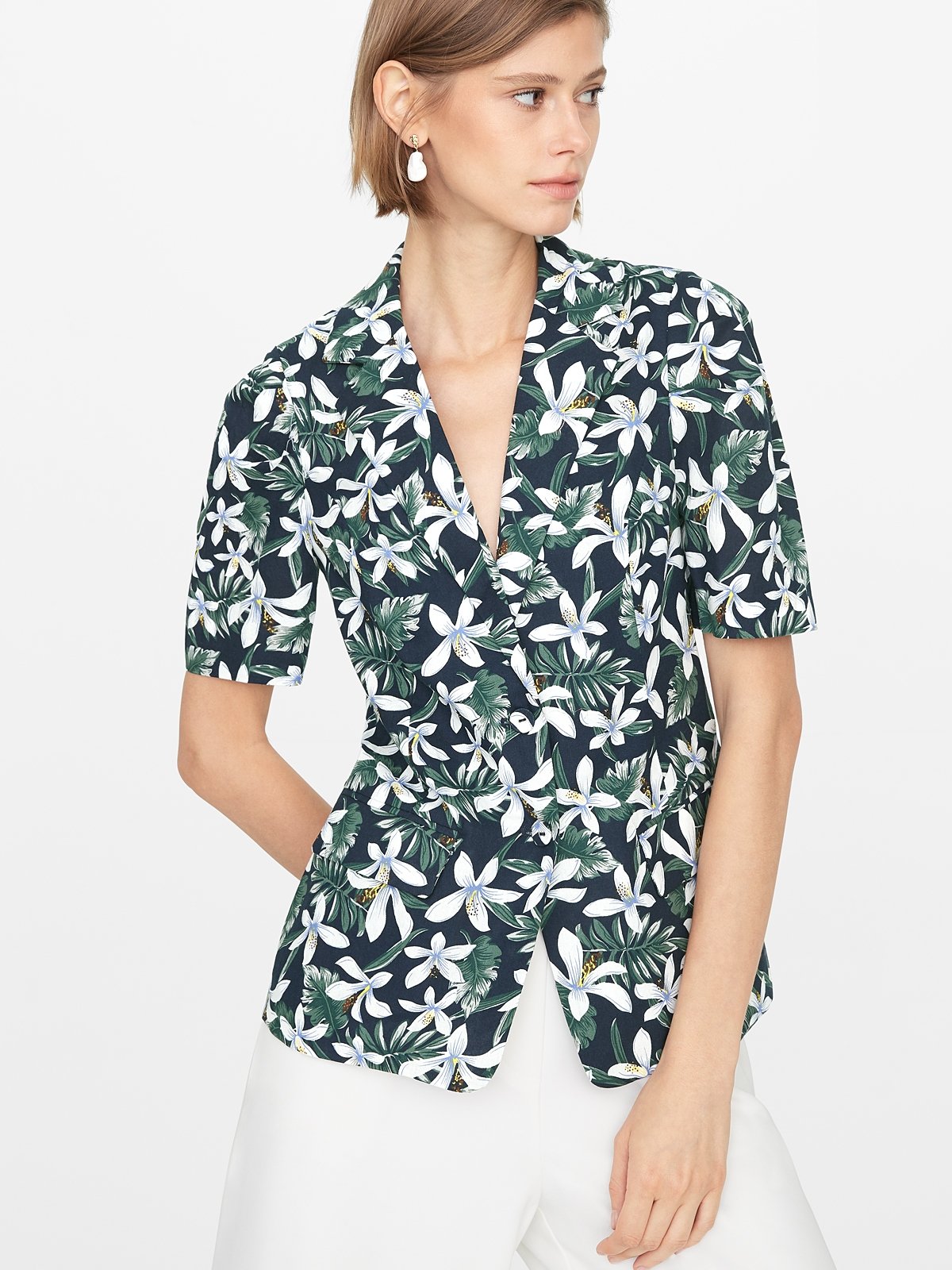 Floral Blazer Shirt Navy Pomelo Fashion