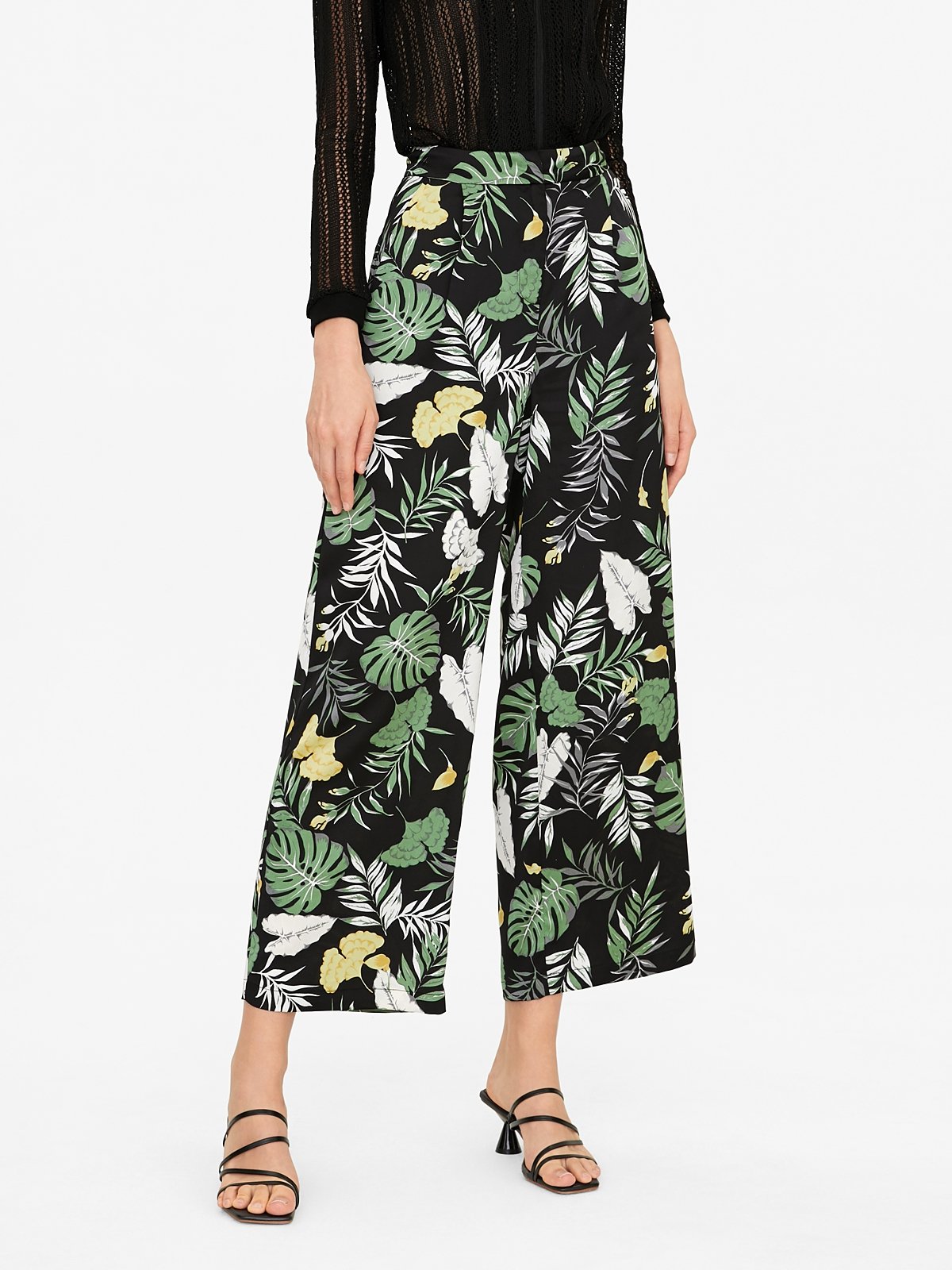 Leaf Print Casual Elastic Waist Pocket Loose Wide-leg Pants