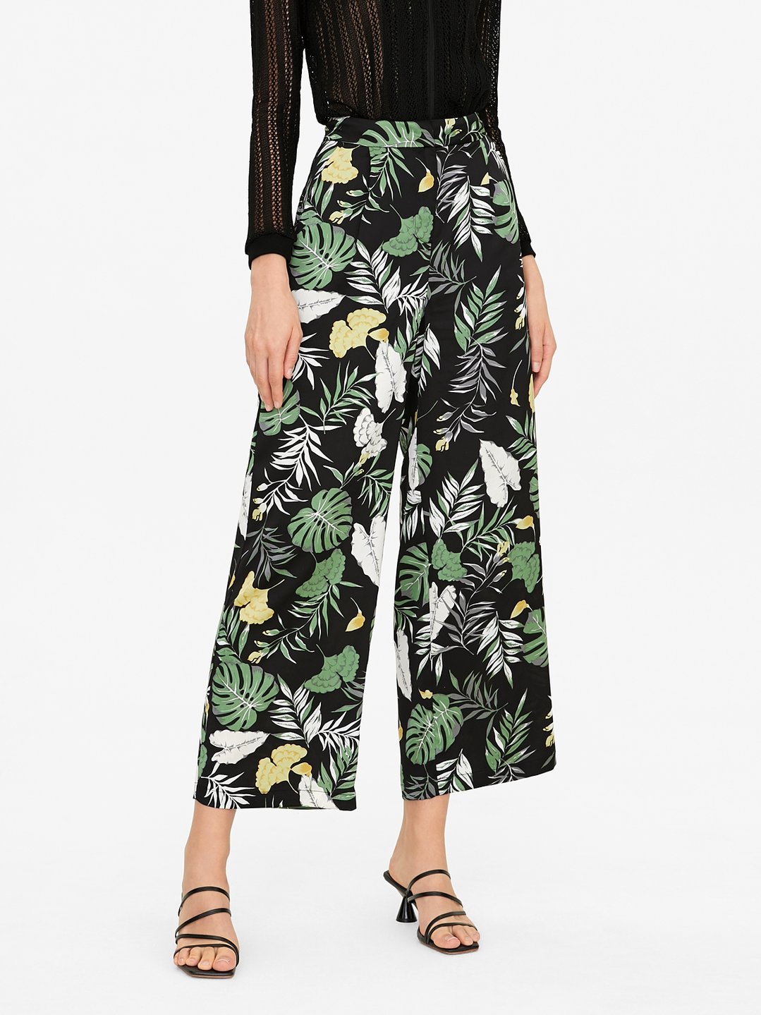 Leaf Print Wide Leg Pants - Black - Pomelo Fashion