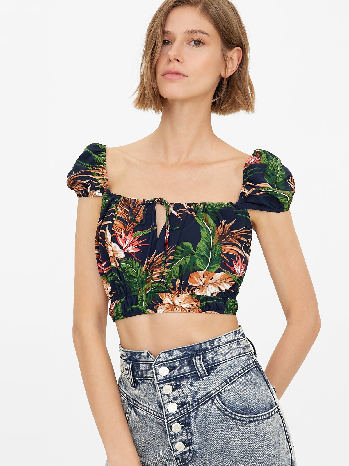 Cropped Hawaiian Print Top Navy Pomelo Fashion 3436