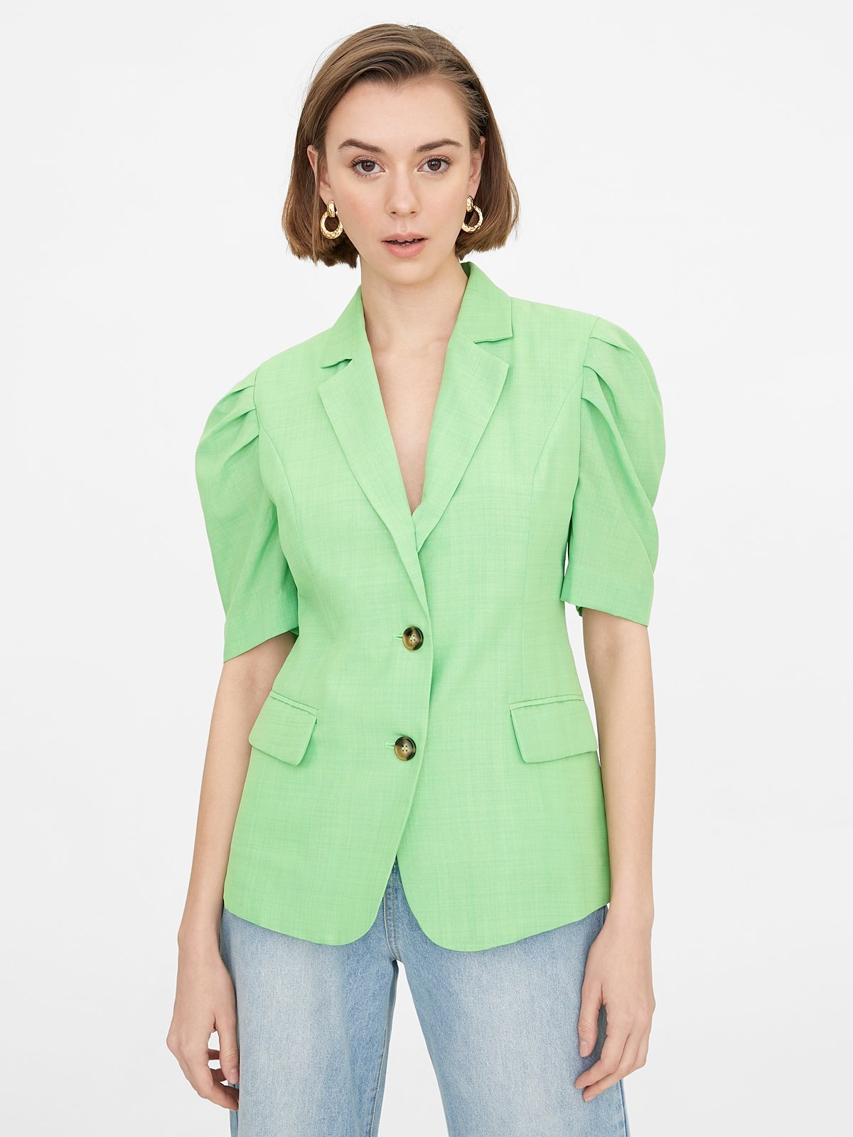 Double Button Puffed Sleeves Blazer Green Pomelo Fashion