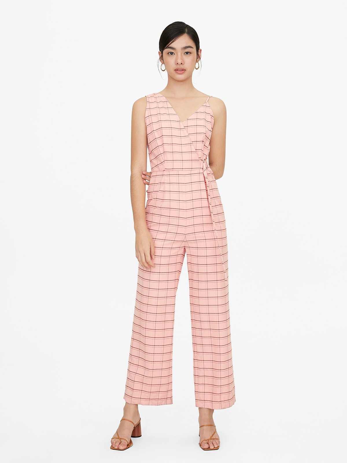 Asymmetrical Sleeves Checkered Jumpsuit Pink Pomelo Fashion