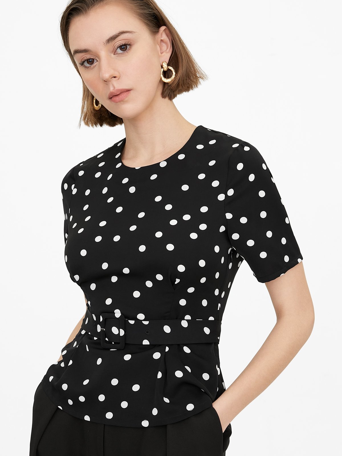 Belted Polka Dot Blouse Black Pomelo Fashion
