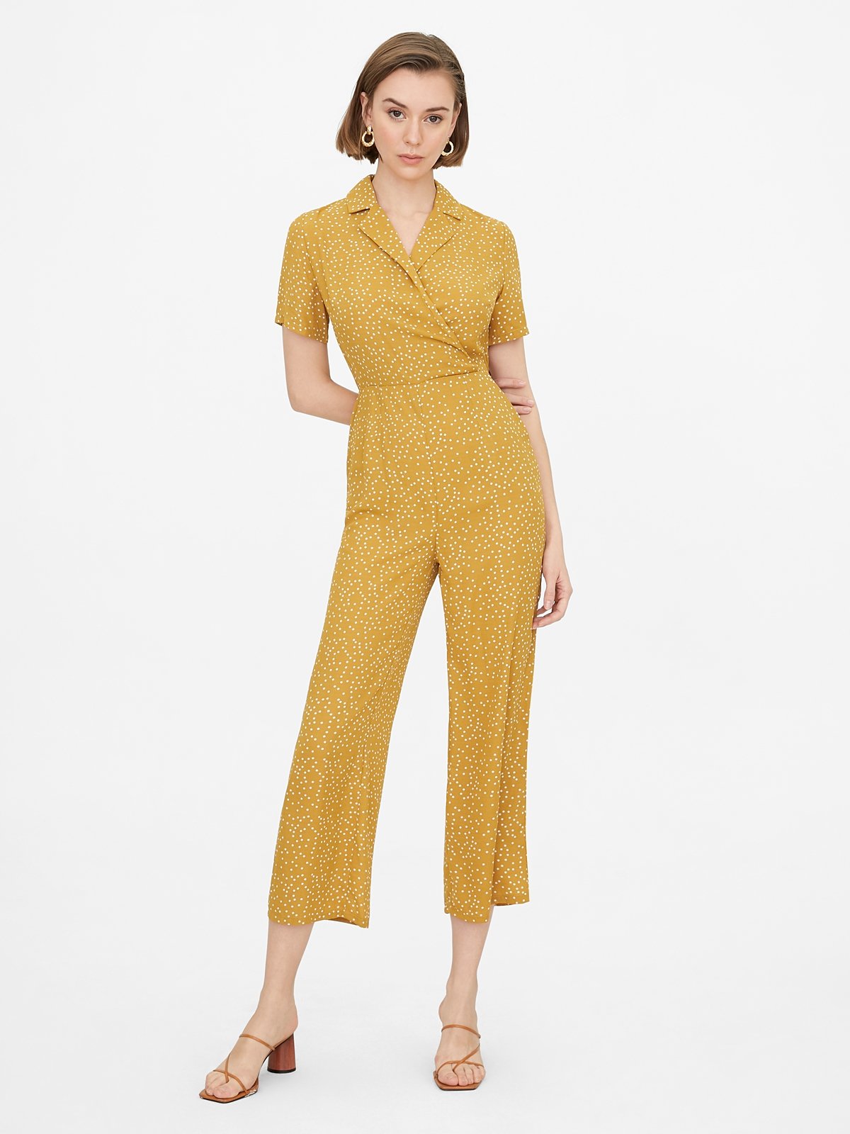 Relaxed Surplice Polka Dot Jumpsuit Yellow Pomelo Fashion