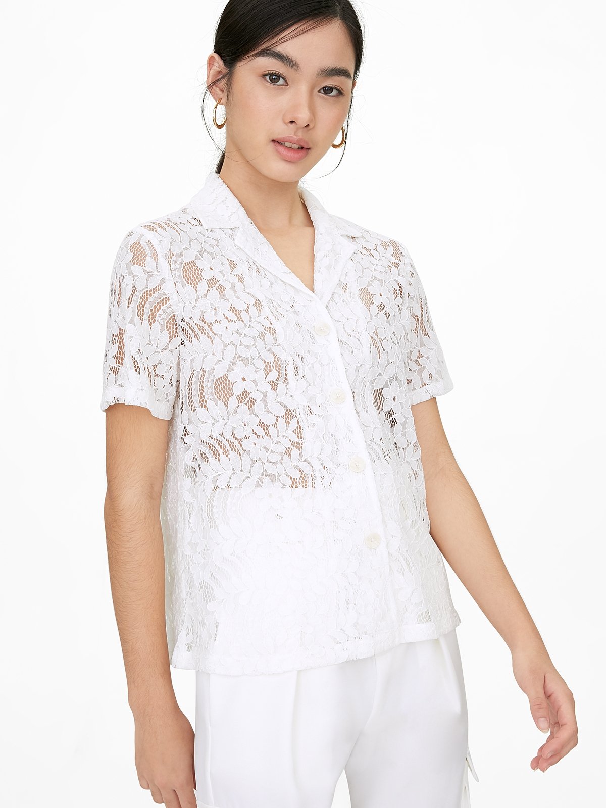 Lace Button Up Short Sleeve Shirt White Pomelo Fashion