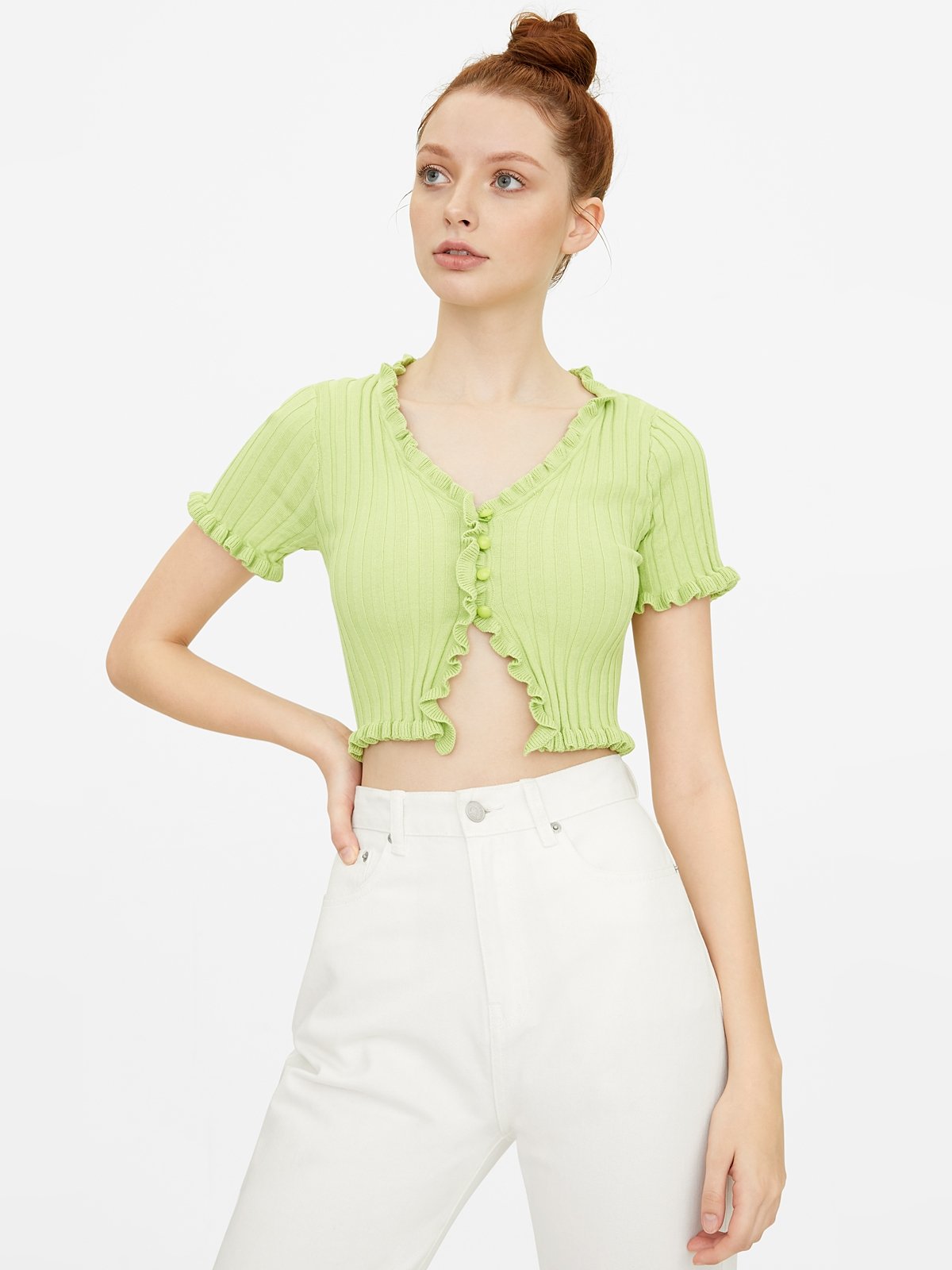 Cropped Button Up Cardigan Green Pomelo Fashion